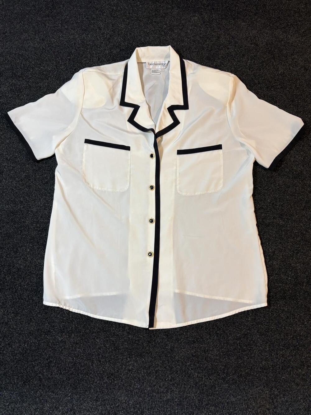 Breckenridge Blouse Womens 12 White Black Trim Short Sleeve Button Up Top
